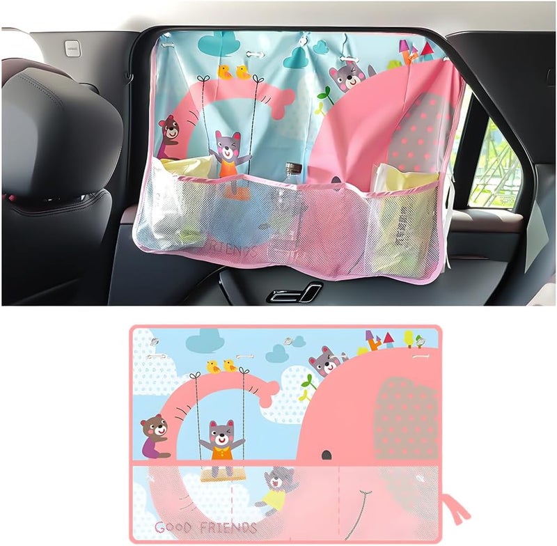 Sandfren Car Window Shade, Vehicle Sunshade Curtain with Storage Pockets & Suction Cups for Baby, Cartoon Pattern Auto Interior Heat Sun Protection Cover, Universal for SUV Sedan Trucks (Elephant) - Image 1